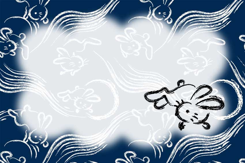 水墨画風ウサギ＜兎・卯年（うさぎどし）のポストカードイラスト・無料